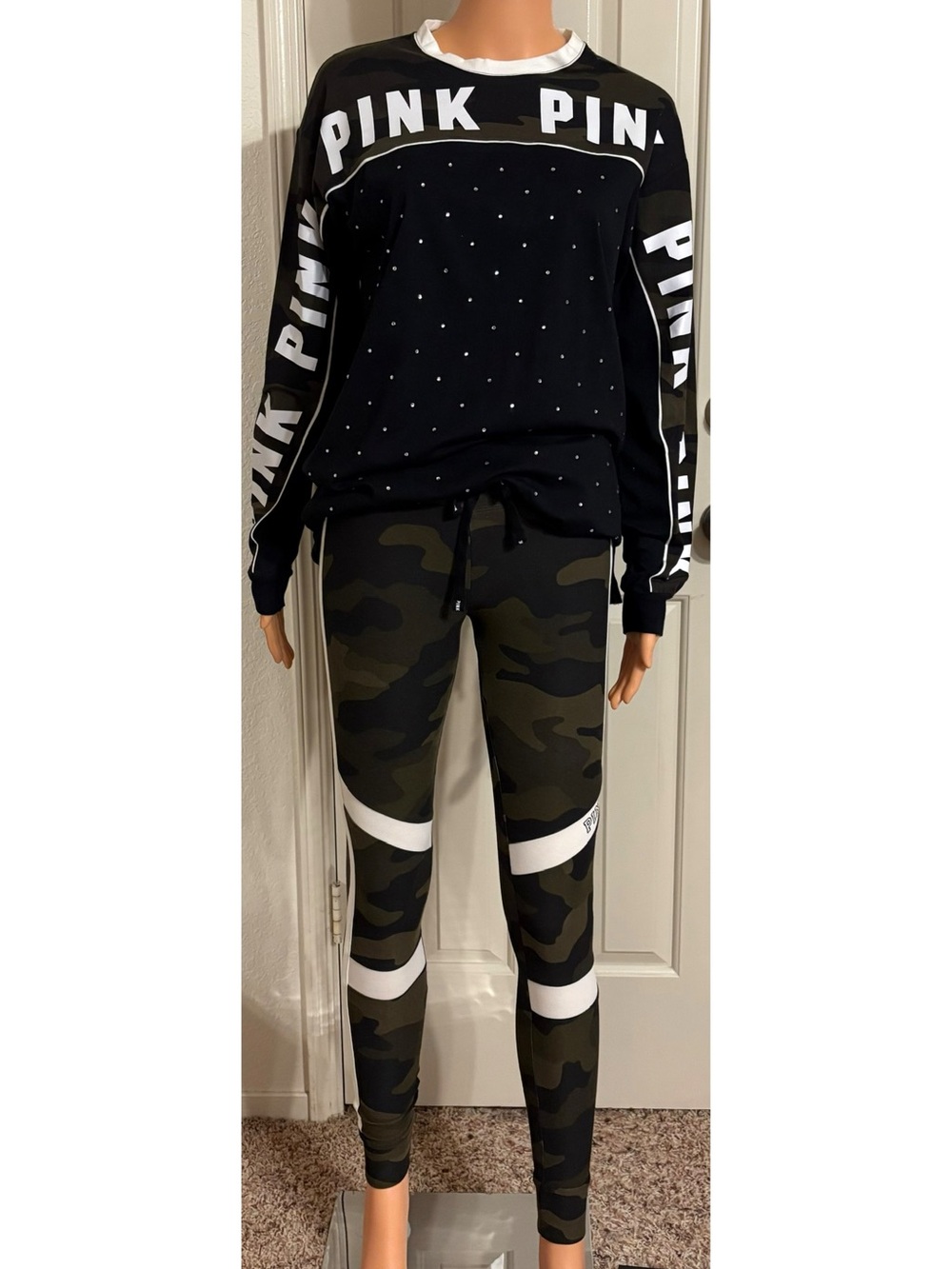 PINK Victoria's Secret Black Camo Jogger Set with White Accent